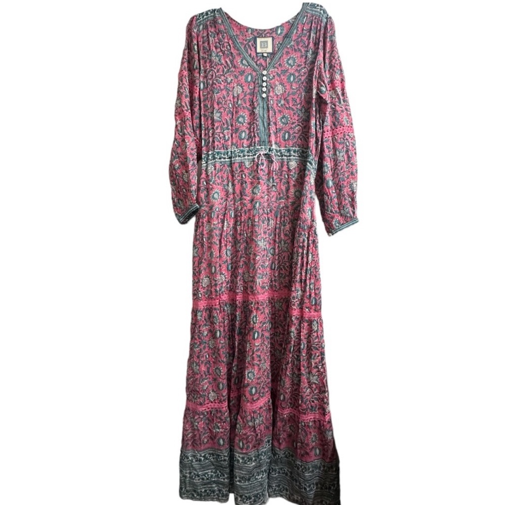 Boho Pink Floral Maxi Dress with Green Trim - Relaxed V-Neck